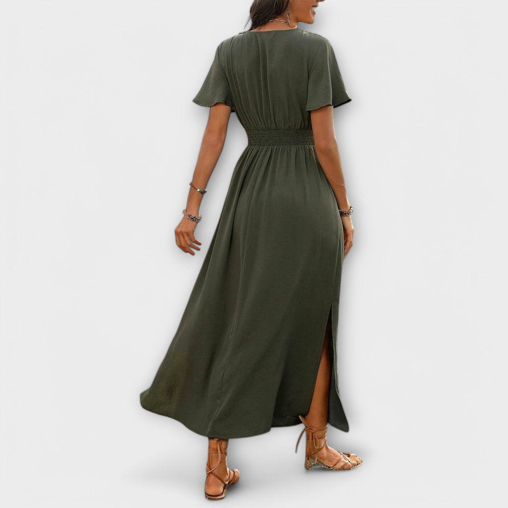 Heather - Elegant Boho Dress with V-Neck and Long Sleeves